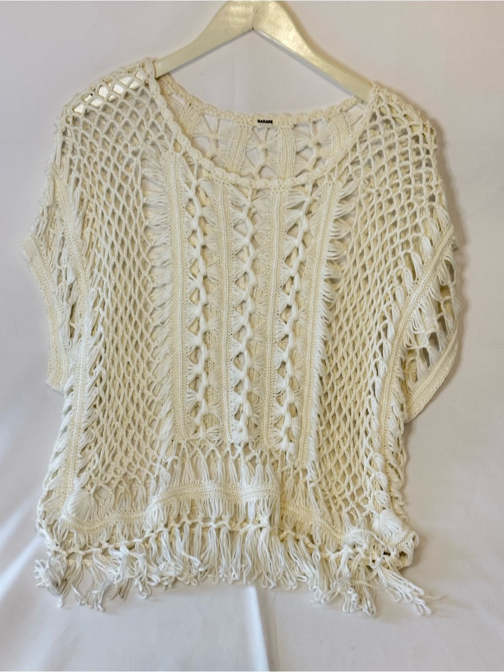 Garage Womens Crochet Top M/L White Fringe Boho Open Knit Festival Beach Hippie